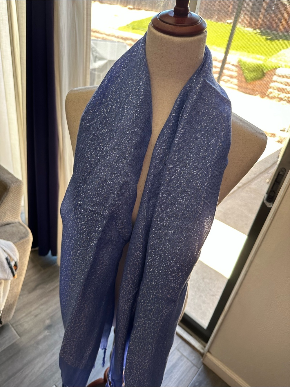 shimmering blue evening shawl or wrap, made with lurex threads